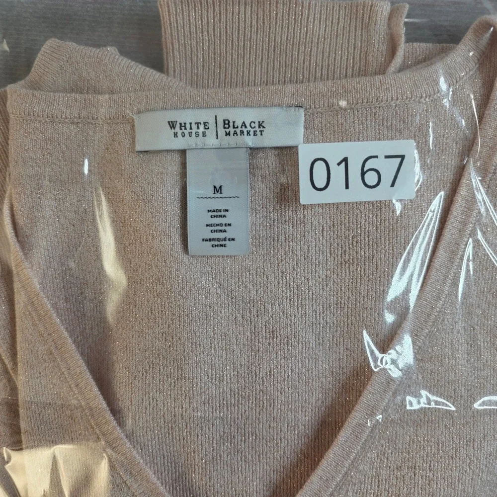 White House Black Market V-Neck Sweater Womens M Champagne Pink Metallic Shimmer